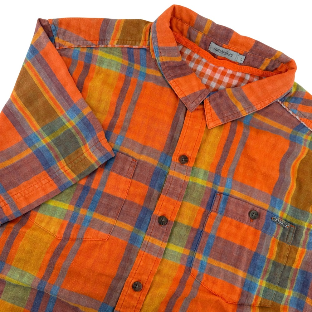 Gramicci Men's L Plaid Short Sleeve Button Up Shirt Orange Blue Yellow‎ Street